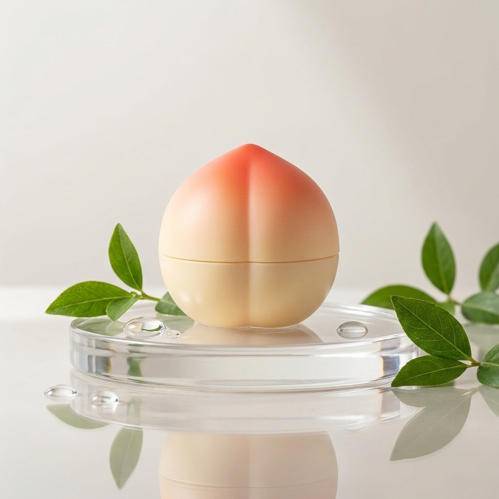 Durazno brillante sobre pedestal transparente